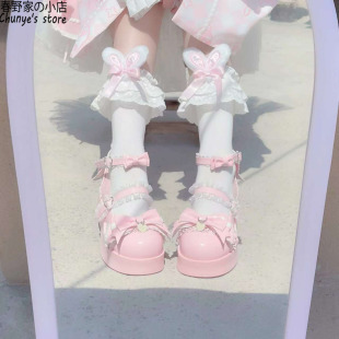 原创lolita厚底女鞋增高蝴蝶结松糕底镜面学生夏季单鞋洛丽塔高跟