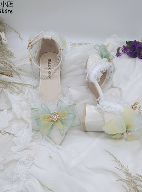 原创lolita鞋子高跟花嫁森系淡绿色蝴蝶结珍珠温柔法式汉元素单鞋