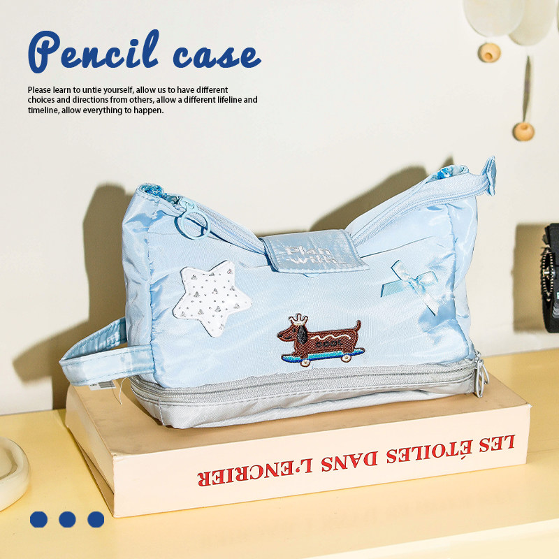 韩系风奶呼呼翻折式双层收纳笔袋星星小狗刺绣便捷大容量笔袋学生党日常用具高颜值大开口拿取轻巧整理轻便包,文具电教/文化用品/商务用品,笔袋,淘宝优惠券,粉丝福利购,淘宝优惠卷