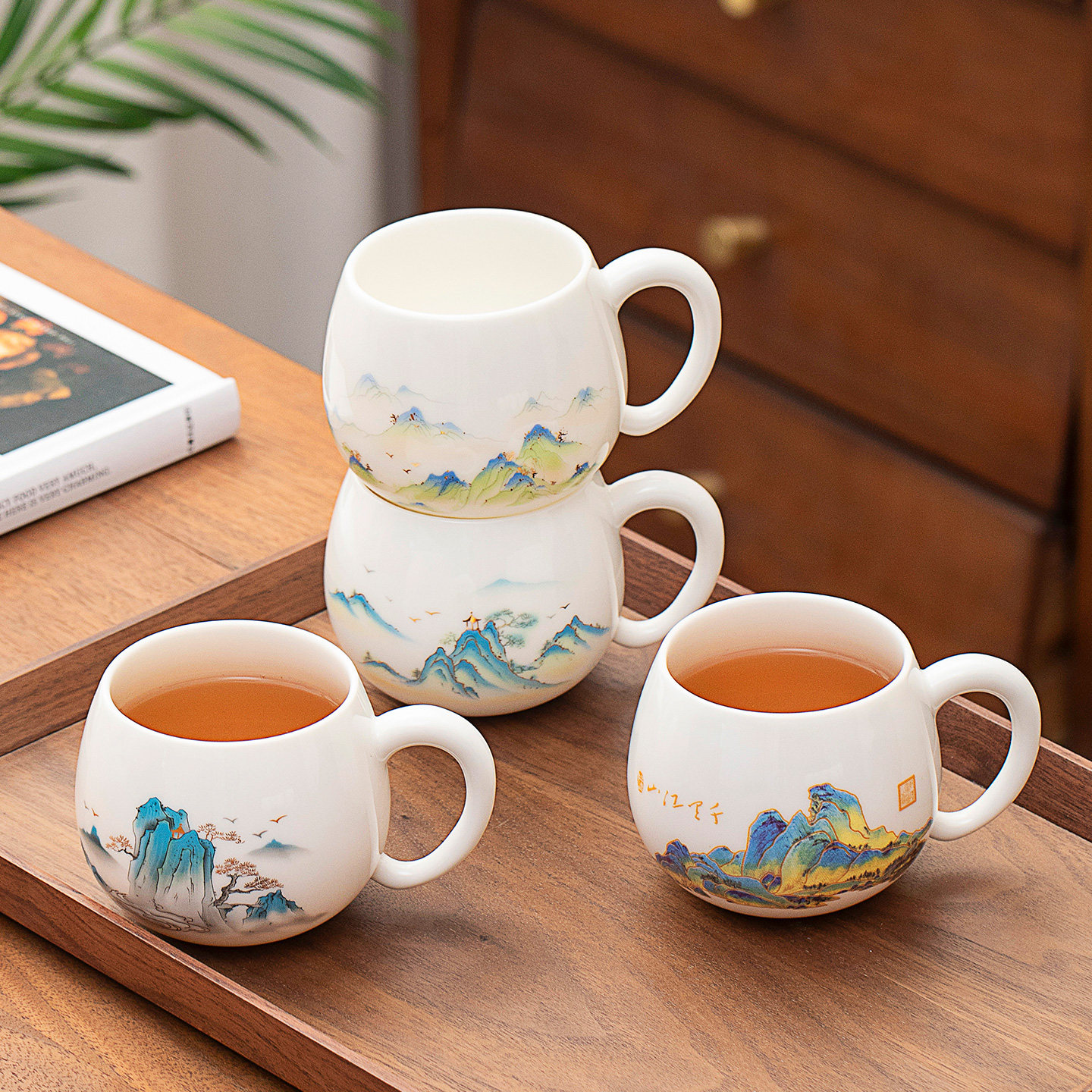 中式国潮大号个人喝茶杯羊脂玉白瓷办公会客茶水杯子带把手柄防烫