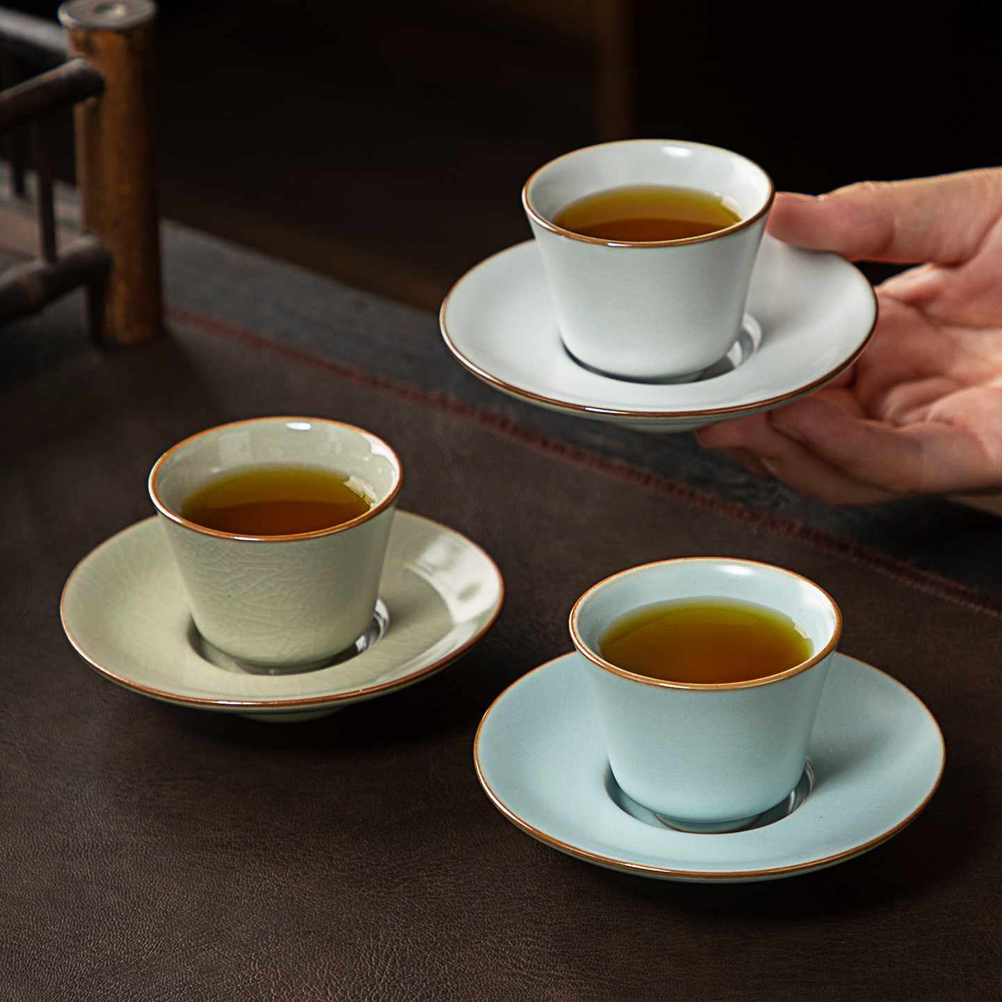 中式复古汝窑天青色茶杯套装