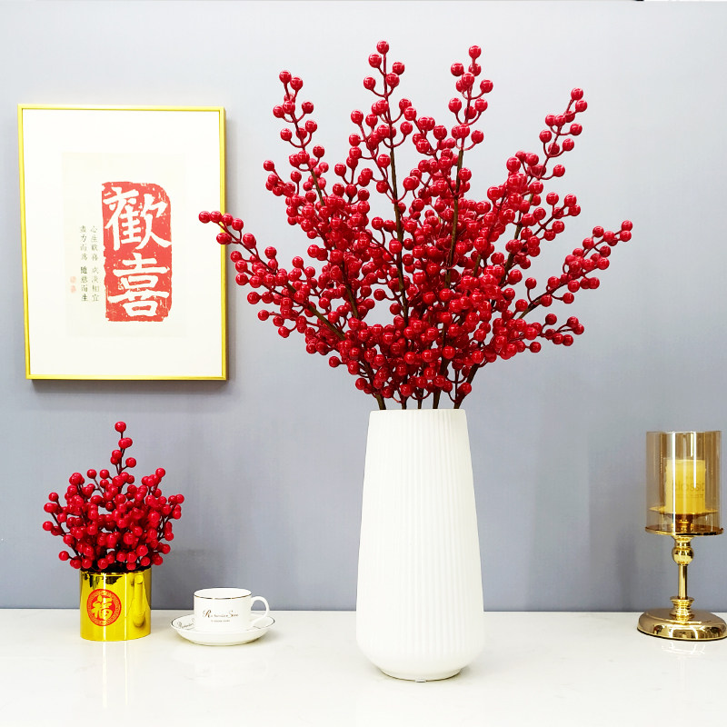 红色浆果发财果冬青果装饰品仿真花红果红果子幸运果客厅假花摆件
