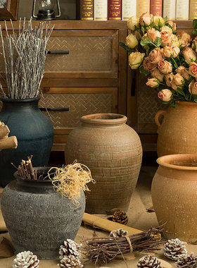 粗陶陶罐花瓶摆件花盆客厅美式复古瓶子创意做旧仿古土陶盆插干花