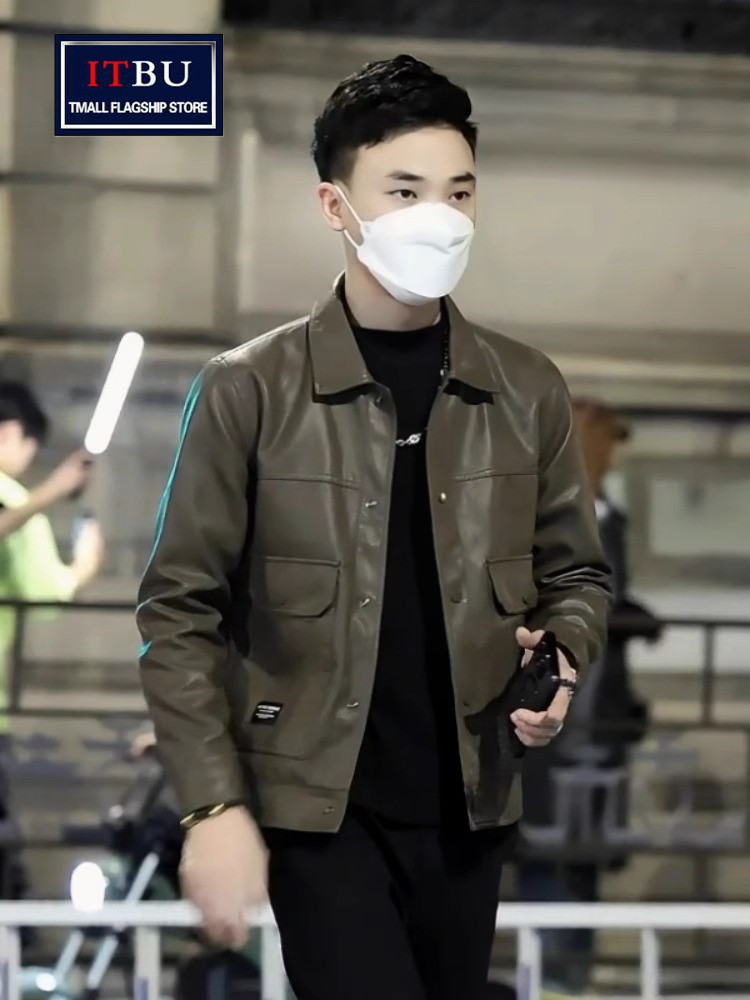 棕色彷皮衣外套男士春秋款2025新款高级感覆古夹克男款秋冬季加绒