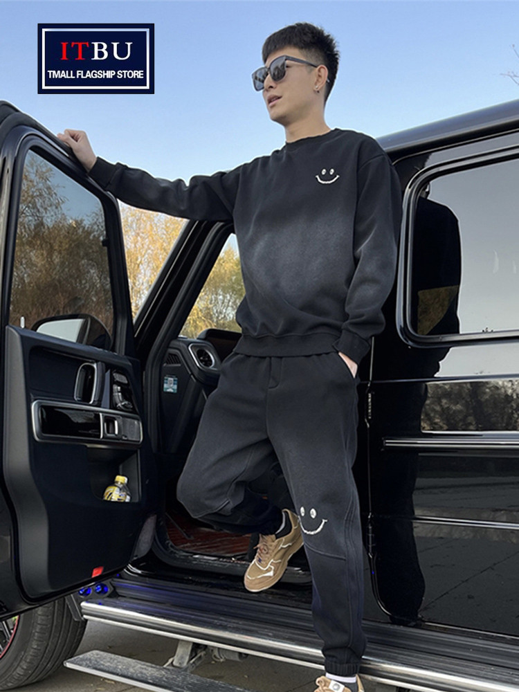 渐变休闲运动套装男士2025新款春秋冬季加绒卫衣卫裤男装搭配一套