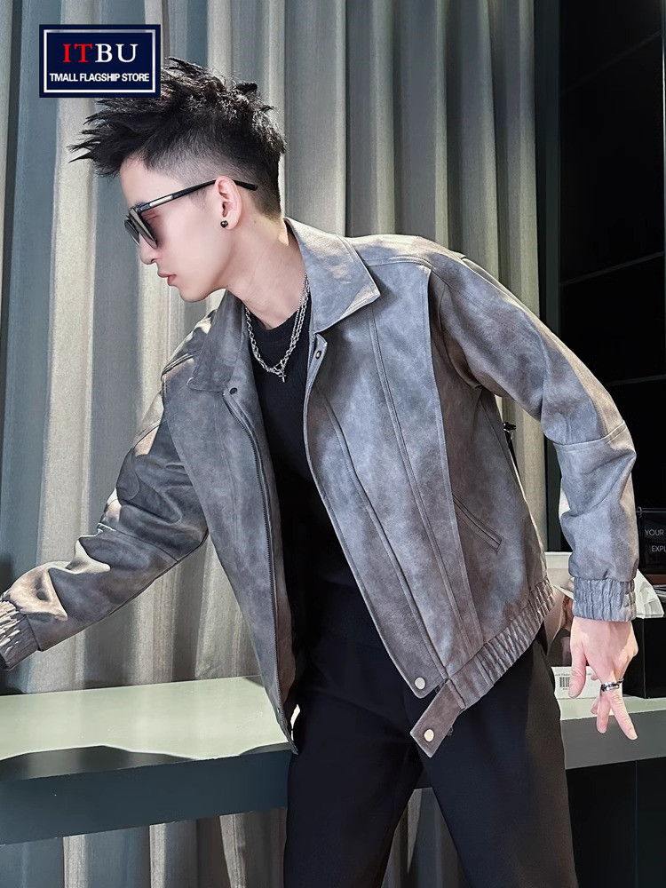 高级感扎染皮衣外套男士春秋冬季2025新款加绒休闲机车服夹克男款