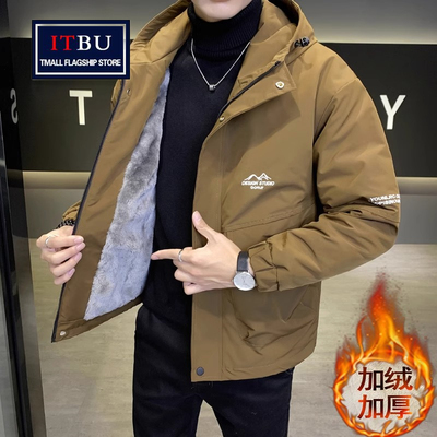 高端夹克外套男士2025新款春秋冬季加绒加厚工装连帽冲锋棉衣男款