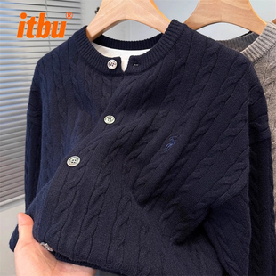 高端保罗麻花开衫男外套男士2025新款冬季单排扣针织毛衣男款冬装