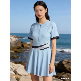 学院风POLO领连体泳衣女短袖 保守显瘦 撞色条纹裙式