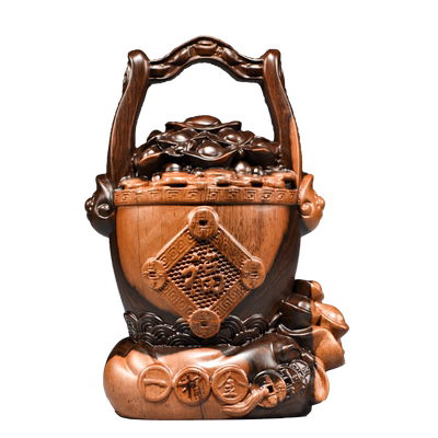 黑檀木质雕一桶金聚宝盆摆件
