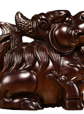 黑檀木雕摆件一对仙承艺作麒麟