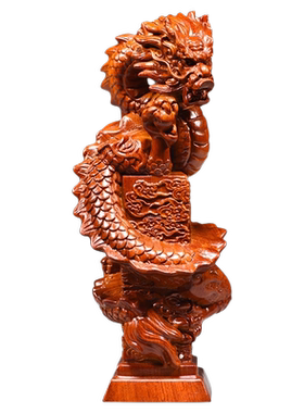 花梨木雕龙凤呈祥摆件一对