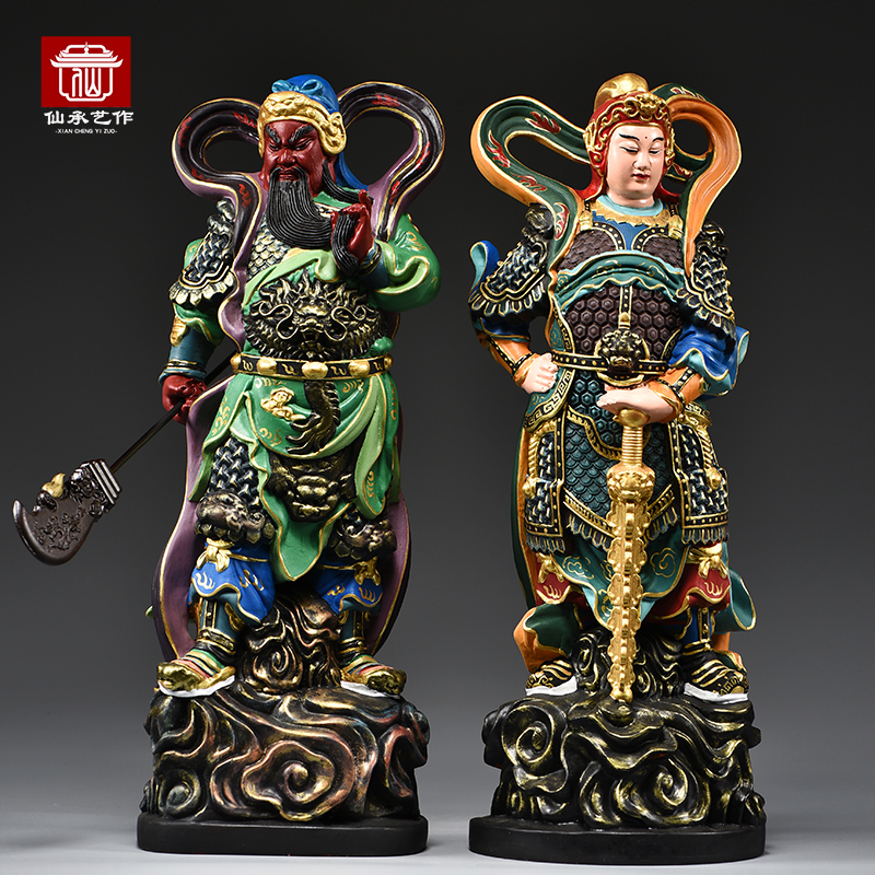 彩绘木雕伽蓝韦陀佛像摆件实木关公韦驮左右护法菩萨寺庙佛堂装饰