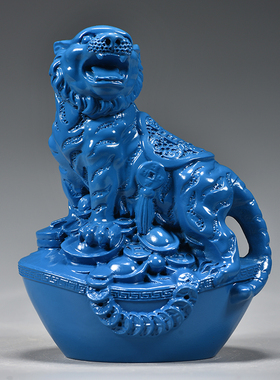 蓝色实木老虎摆件木质雕刻十二生肖木头虎吉祥物装饰木制工艺品