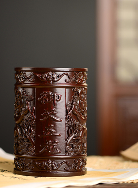 黑檀木雕御天飞龙笔筒工艺品办公室书桌家居客厅木质笔筒摆件送礼