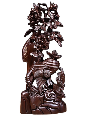 实木雕刻花开富贵家居客厅摆件