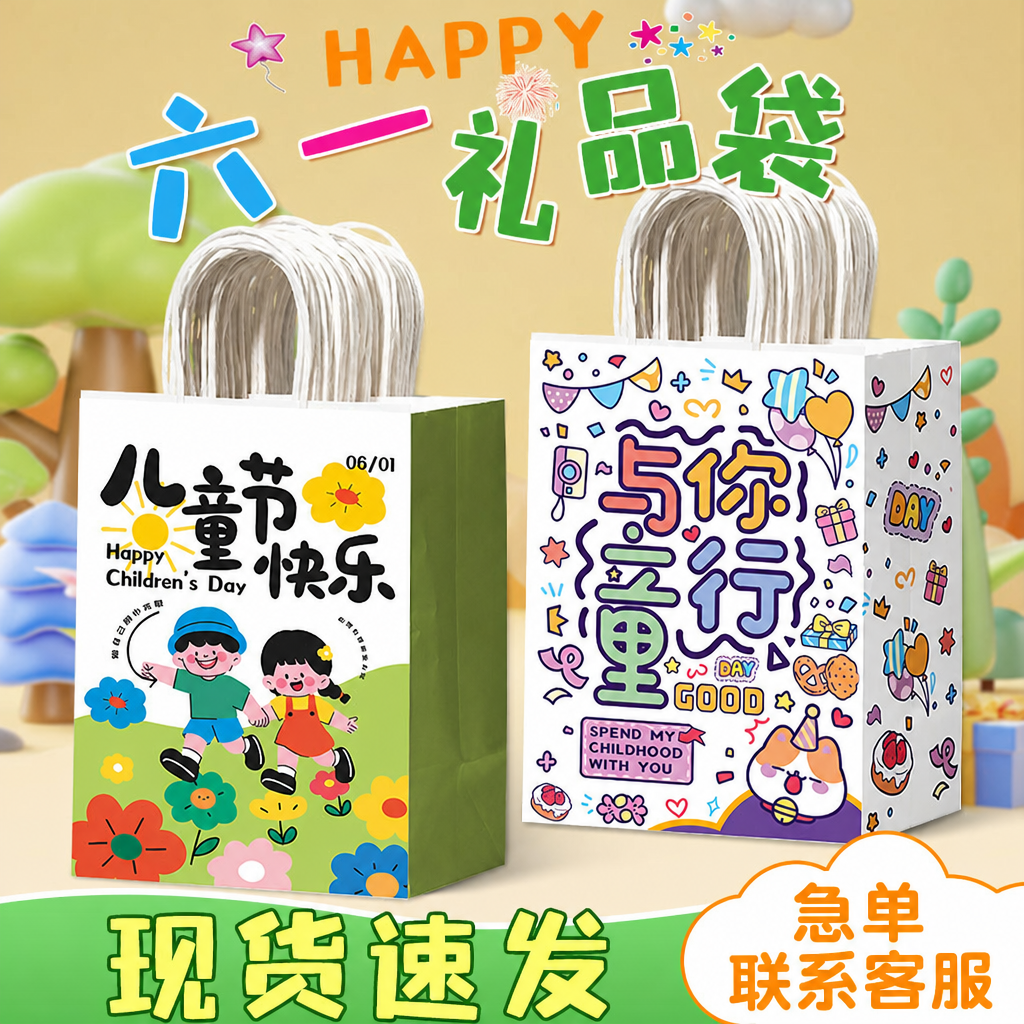 六一卡通手提袋定制牛皮纸袋儿童礼品袋纸袋送礼包装袋加印logo