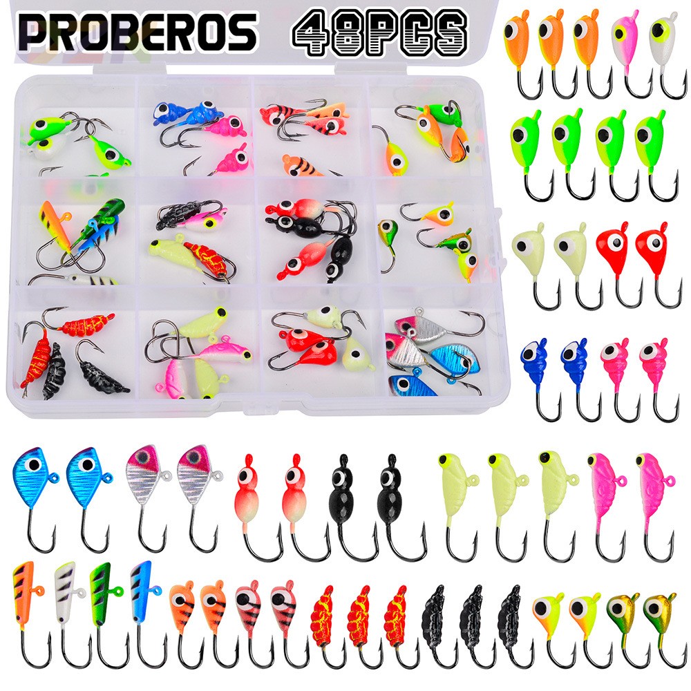 路亚微物冰钓钩 夜光根钓钩蚕蛹迷你小铅头钩冬钓钩48pcs盒装套s4