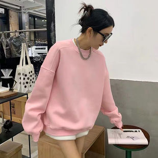 2026秋冬季新款中长款套头圆领卫衣女宽松韩版纯色长袖遮屁股粉色
