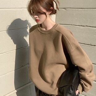 美式复古咖啡色oversize卫衣女宽松中长款慵懒风加绒秋冬纯色上衣