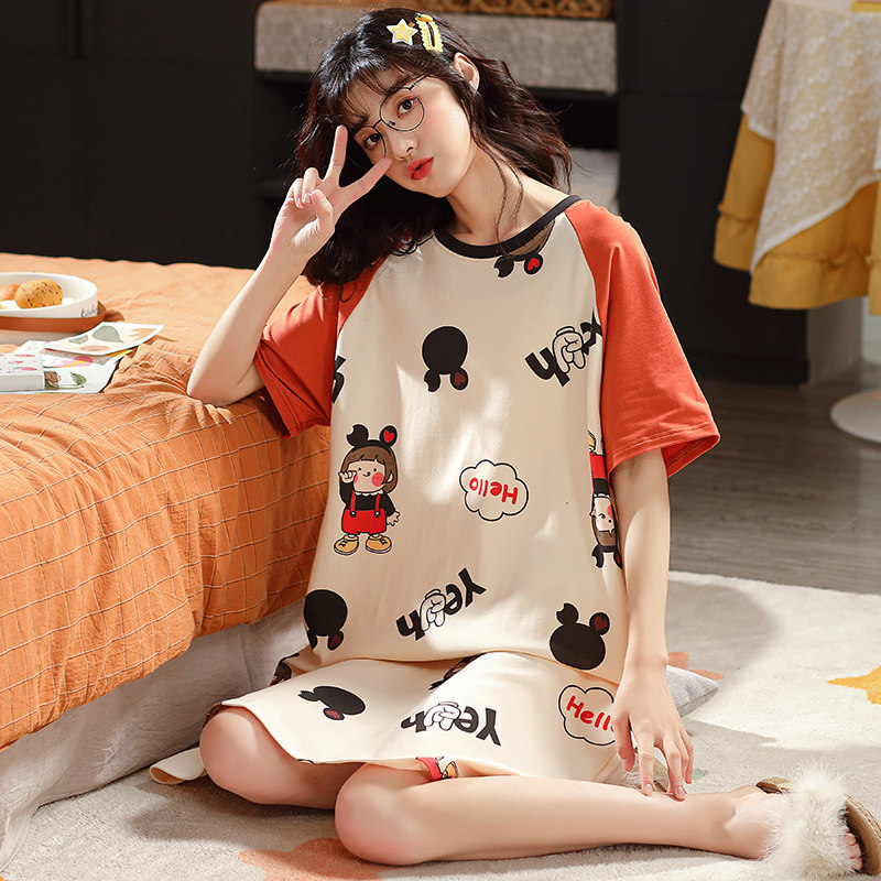 3睡衣女春夏季短袖短裤纯棉套头两件套装休闲韩版卡通可爱家居服