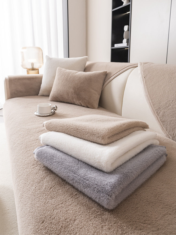 沙发垫秋冬毛绒加厚真皮沙发套布冬暖固定防滑纯色靠垫套毛巾