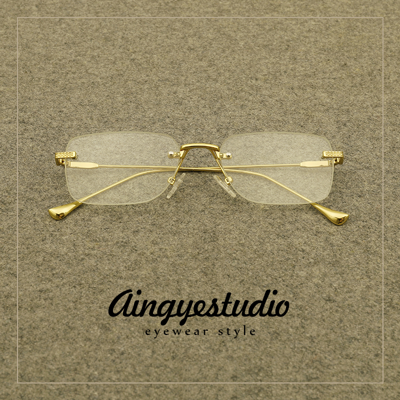 纯欲网红无框眼镜女方形复古金边眼睛架无边框平光镜小框素颜神器