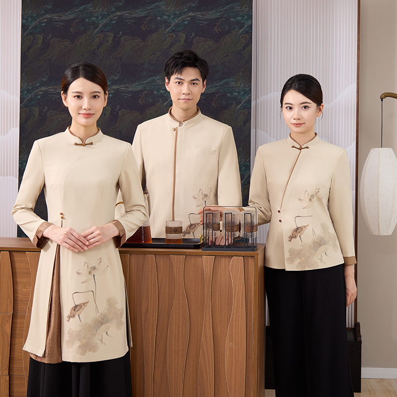 新中式酒店服务员工作服秋冬长袖餐饮茶酒楼会所国风中餐厅新款