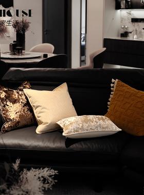 现代轻奢高档样板间抱枕黄色流苏靠枕别墅沙发会所腰靠香槟色系