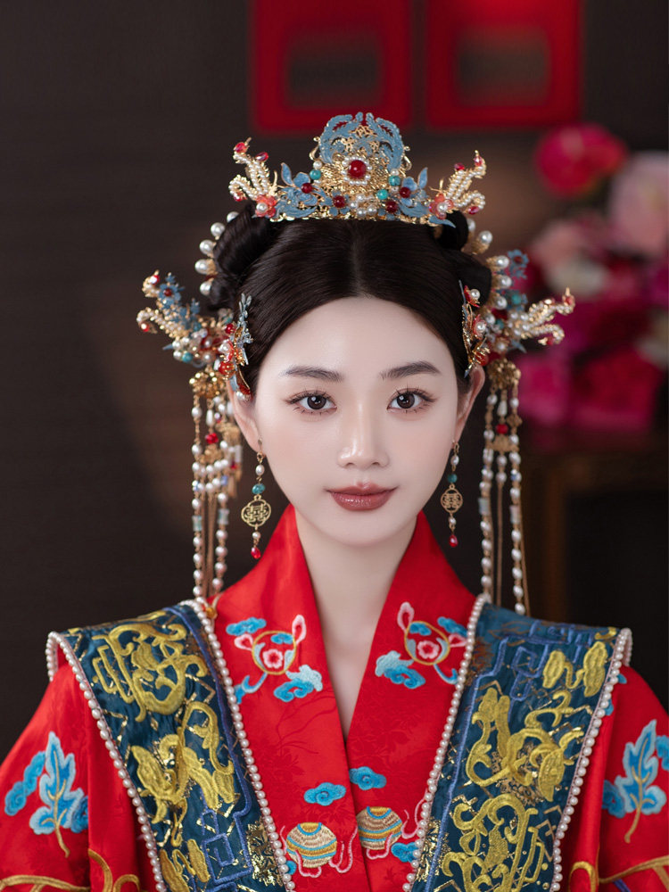 新娘秀禾服头饰景泰蓝金龙流苏古风结婚中式汉服婚礼古典分体发饰