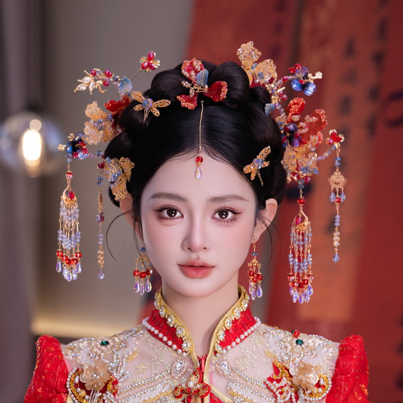 新中式新娘头饰复古红色重工花朵眉心坠古典龙凤褂秀禾汉服发饰品