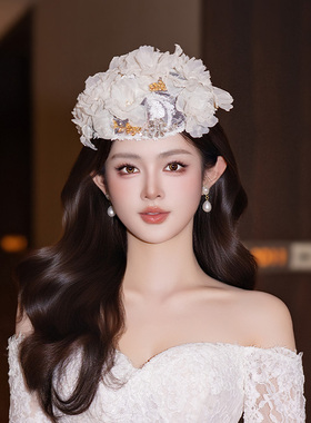 高级感新娘发饰品白色法式蕾丝唯美气质手工婚纱礼服晚宴礼帽配饰