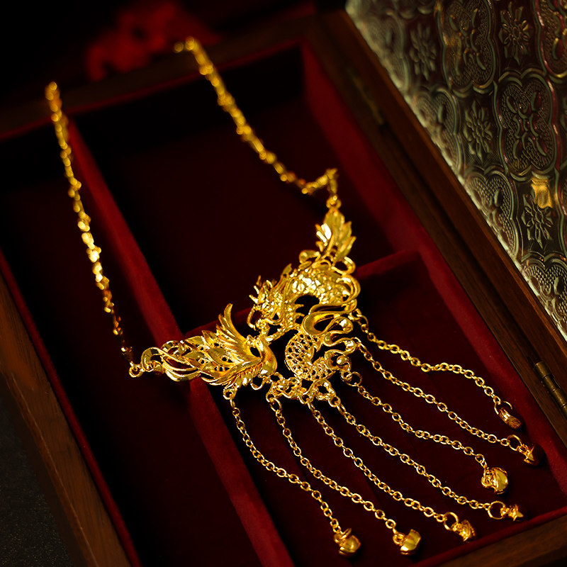 龙凤褂金色新娘项链流苏龙凤呈祥颈链马面裙结婚中式秀禾服配饰品