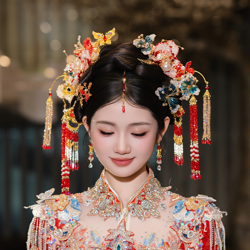 古风珍珠步摇国风秀禾头饰新中式新娘简约高级蝴蝶龙凤褂汉服发饰