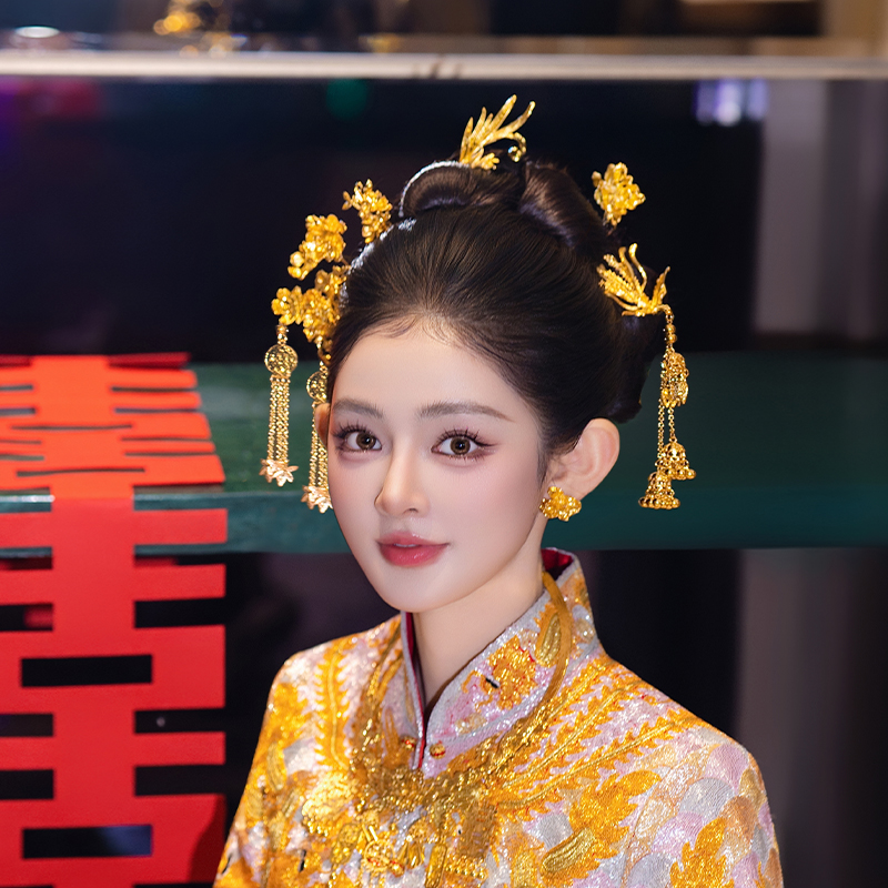 梦瑶新娘复精致金色凤凰头饰中式古秀禾婚礼发簪铃铛流苏汉服发饰