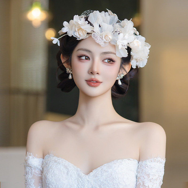 新款新娘发饰复古法式手作绢纱花朵气质晚礼服婚纱造型时尚配饰品