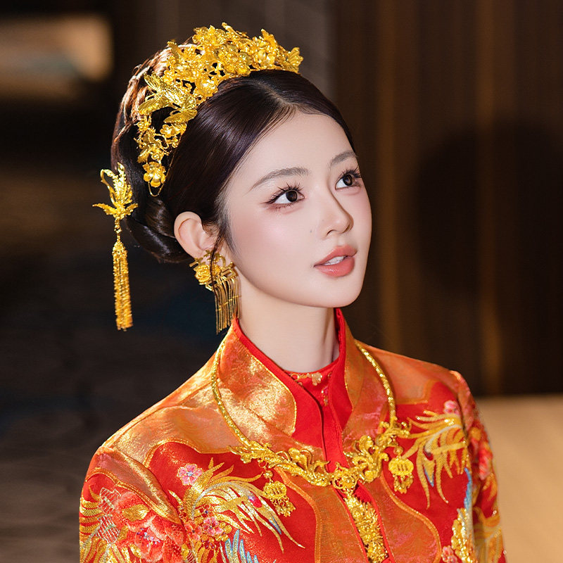 中式新娘头饰小巧精致蝴蝶半冠龙凤褂婚礼立体凤凰发簪婚礼发饰品