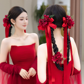 新娘复古酒红色蝴蝶结头饰铃兰花敬酒服发夹缎面飘带结婚订婚发饰