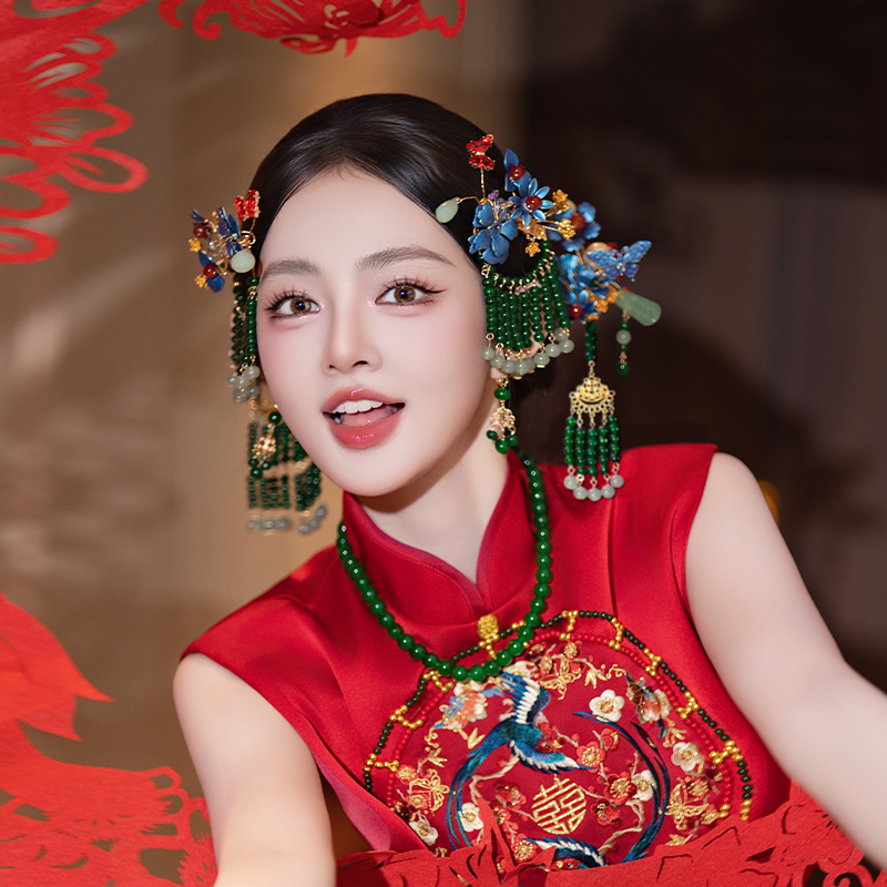 新娘高端头饰绿色玉珠发簪小众汉服旗袍新中式婚礼古风龙凤褂配饰