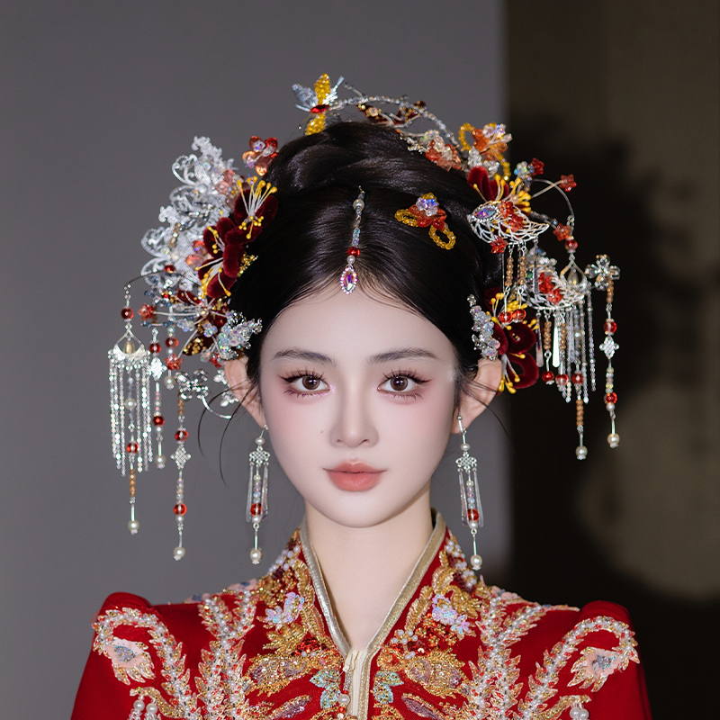 蝴蝶古风新娘中式流苏精致甜美发簪绒花发饰秀禾服龙凤褂减龄头饰