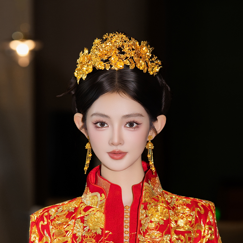 中式新娘金色高级感发冠风铃流苏汉服旗袍富贵百搭婚礼造型头饰女