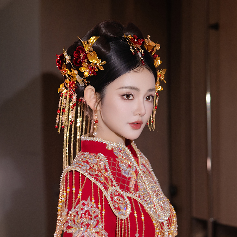 新娘红色绒花前后区流苏头饰中式民族风古风古典金色蝴蝶秀禾发饰