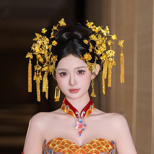 全金色花朵古风新娘发饰喜字流苏发钗国风贵气气质旗袍龙凤褂发饰