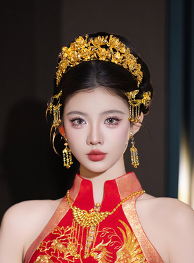 高级感新娘百搭龙凤褂金色中式凤冠发饰宫廷造型婚礼富贵旗袍头饰