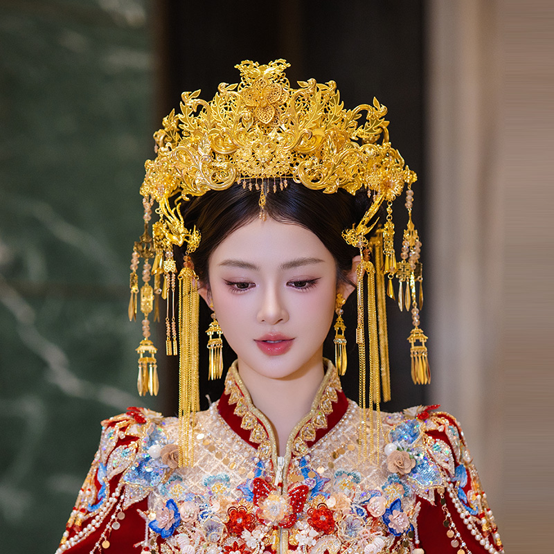 古风宫廷国风金色花朵凤凰奢华重工凤冠精致流苏发钗套装新娘头饰