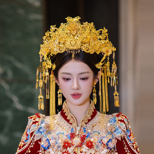 古风宫廷国风金色花朵凤凰奢华重工凤冠精致流苏发钗套装新娘头饰