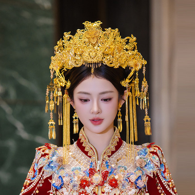 古风宫廷国风金色花朵凤凰奢华重工凤冠精致流苏发钗套装新娘头饰