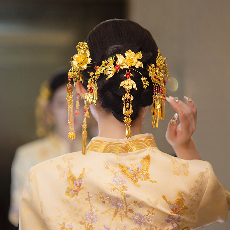 金红色新娘复古贵气头饰古风华丽秀禾服中式龙凤褂花朵婚礼发饰