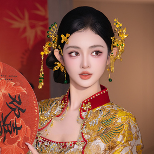金色喜字流苏新中式古风新娘精致头饰汉服旗袍花朵发簪敬酒服配饰