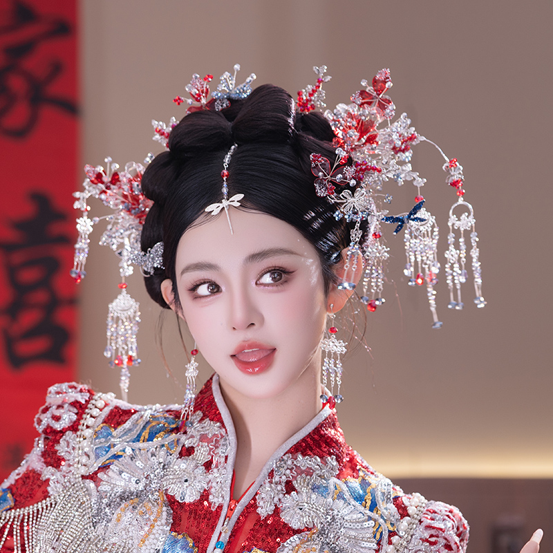 新款新娘中式头饰红银发簪步摇秀禾龙凤褂古典婚礼盘发造型配饰品